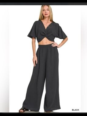 Chic Twist Crop Top & Wide-Leg Pants Set - Black